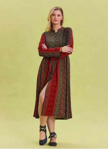Patterned Crew Neck Button Detailed Brick Long Sleeve Dress 4445